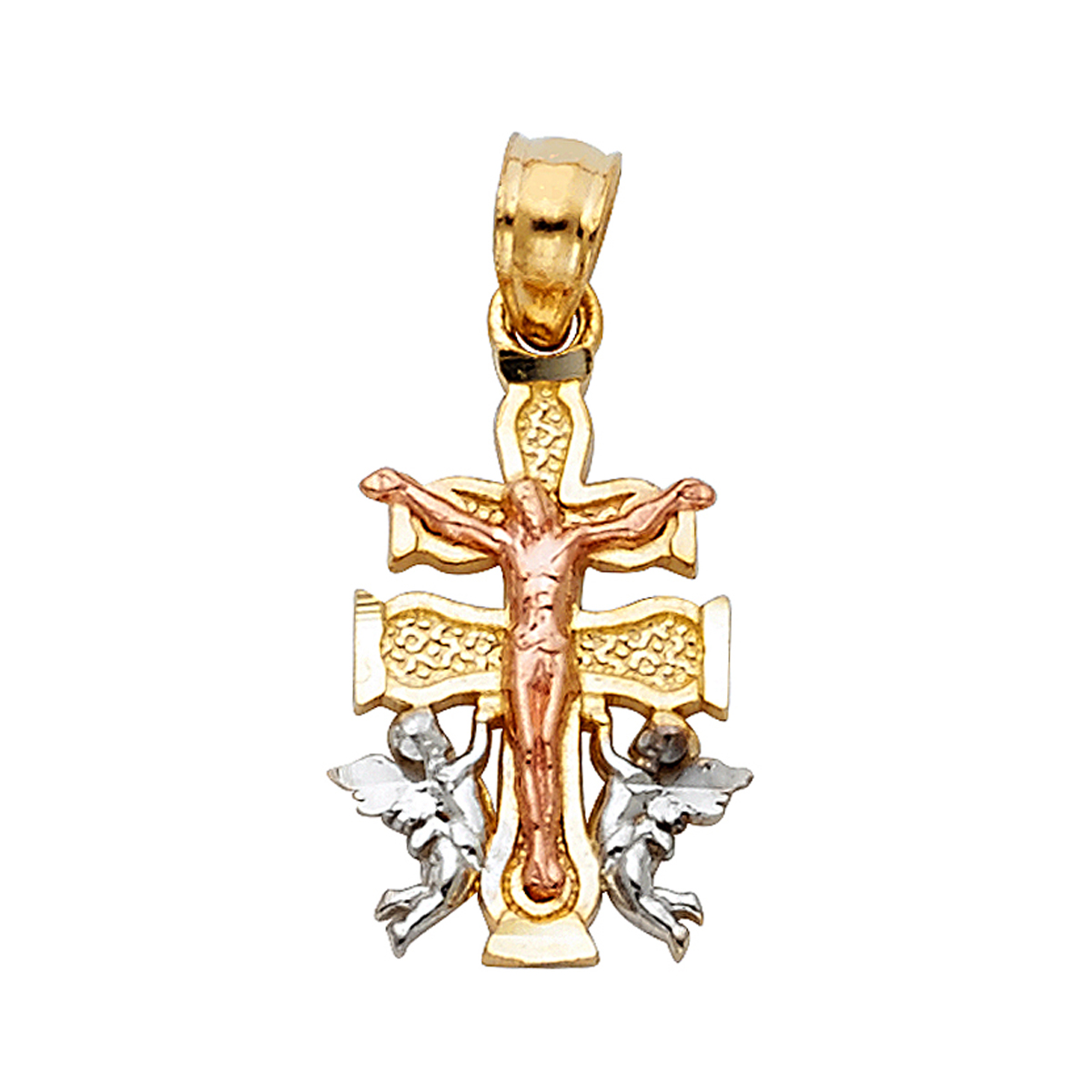 14K Tri Color Yellow Rose White Gold Jesus Crucifix Cross with Angel Religious Pendant - 18mm X 10mm