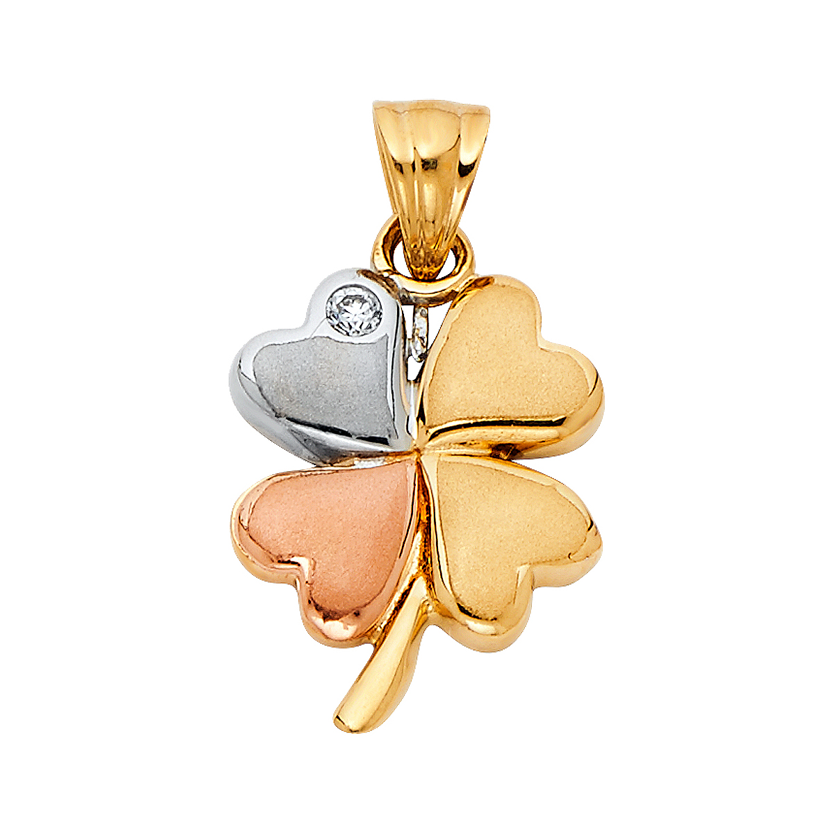 14K Tri Color Yellow Rose White Gold Heart Clover Pendant - 18 mm x 14 mm