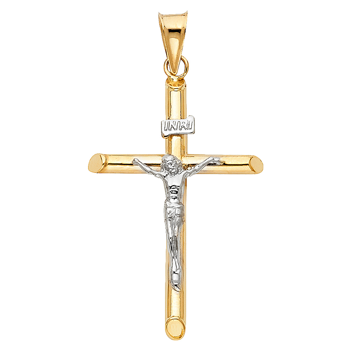 14K Two Tone White Yellow Gold Crucifix Cross Religious Pendant - 40 mm X 20 mm