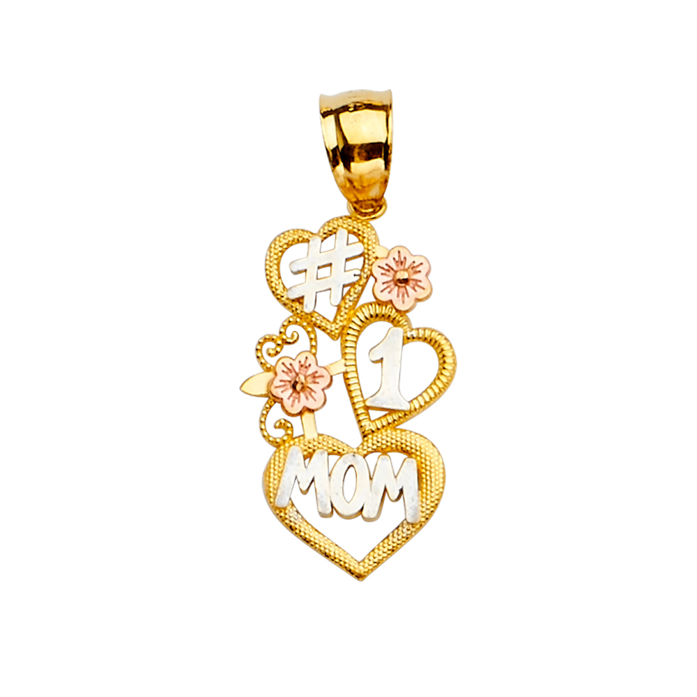 14K Tri Color Yellow Rose White Gold 3 Color #1 Mom Pendant - 30 mm x 12 mm