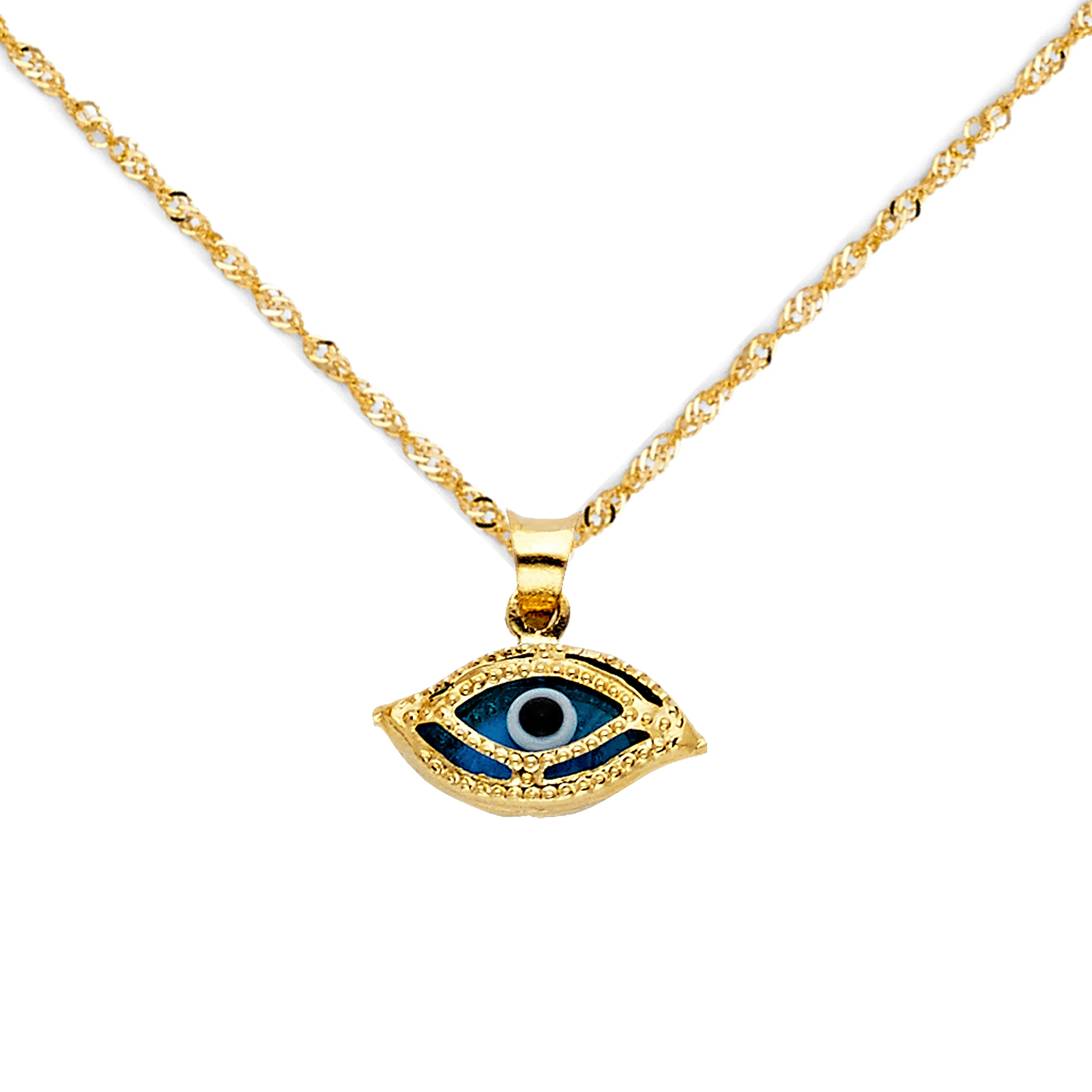 14K Yellow Gold Evil Eye Charm Pendant with 0.9mm Singapore Chain - 16"