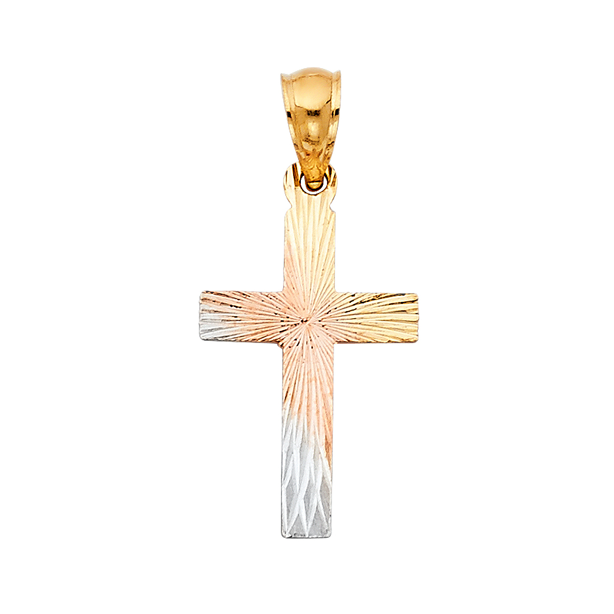 14K Tri Color Yellow Rose White Gold Religious Cross Stamp Pendant- 20 mm x 13 mm