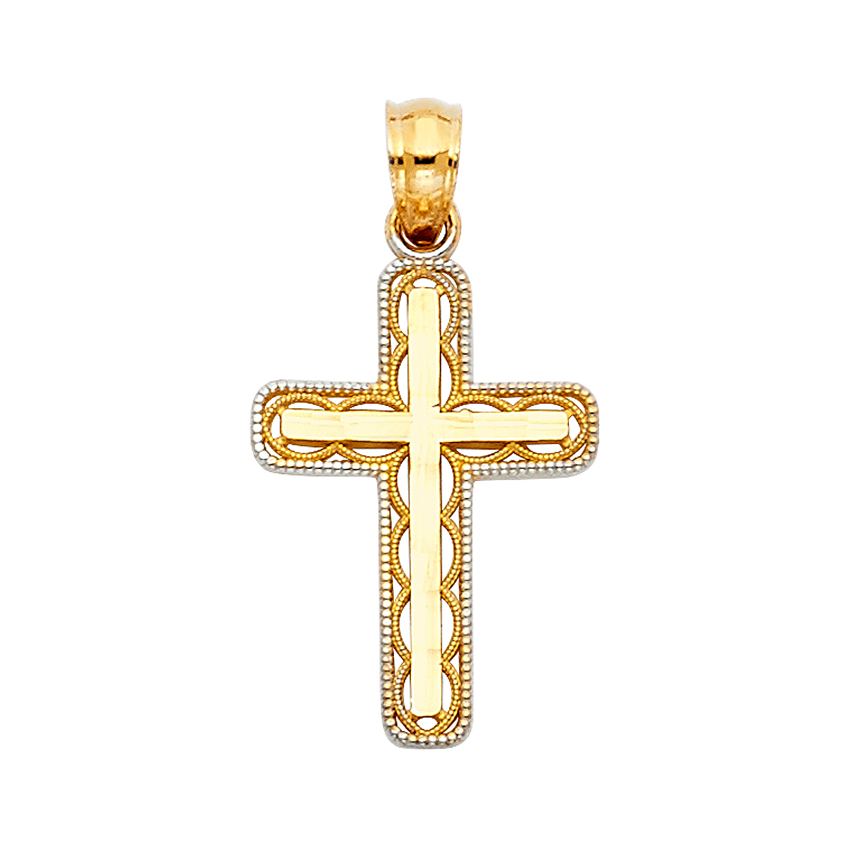 14K Two Tone, Yellow White Gold Cross Religious Pendant - 21mm X 15mm