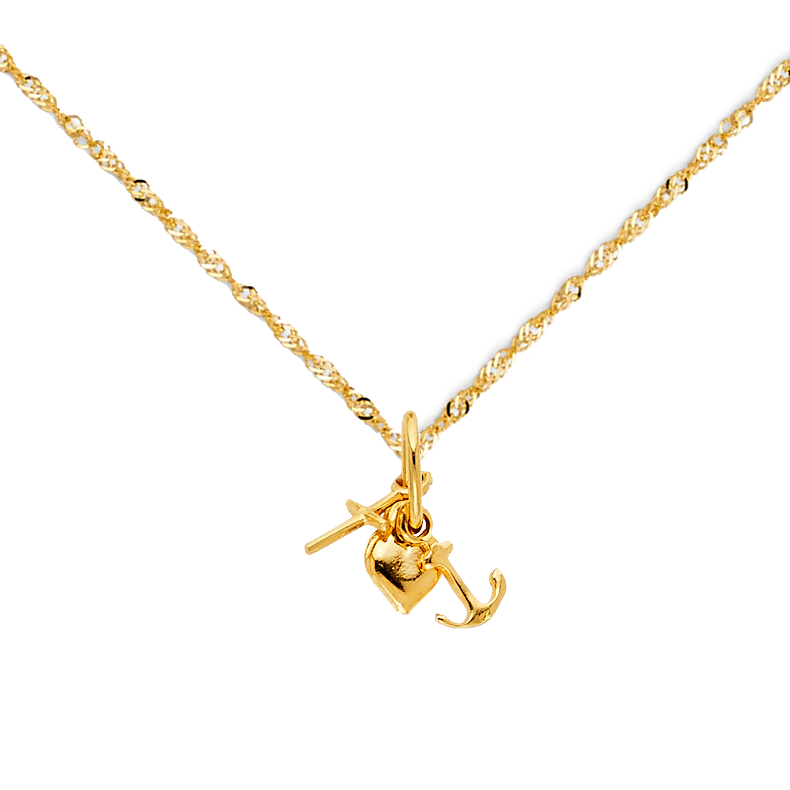 14K Yellow Gold Faith, Hope, and Charity Lucky Charm Pendant with 0.9mm Singapore Chain - 16''