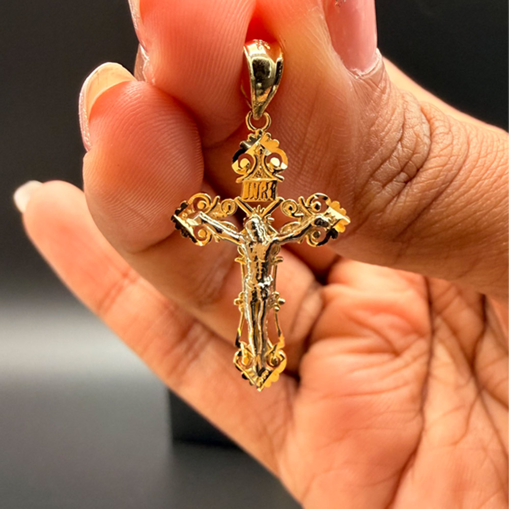 14K Two Tone Gold Crucufix Cross Pendant