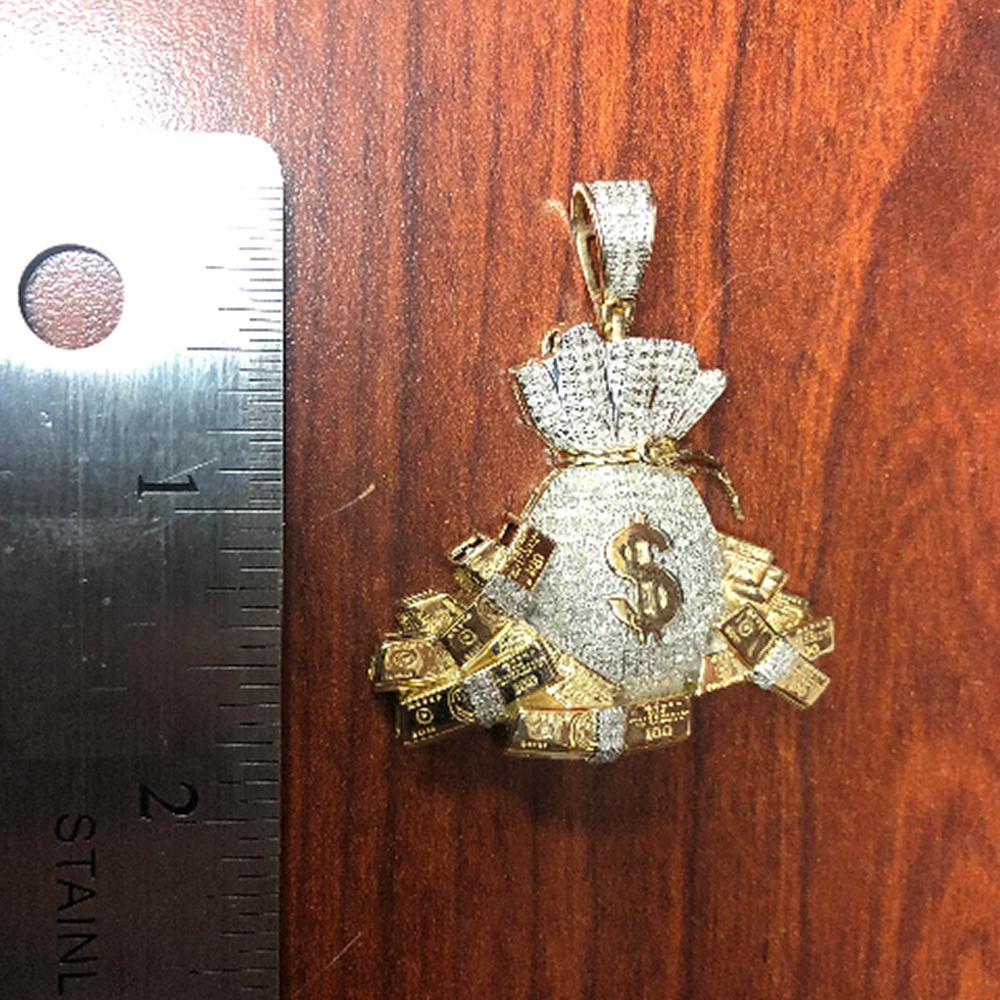 Solid 10k Yellow Gold USD Money Bag Tree Pendant - Hip Hop Jewelry, Made In USA