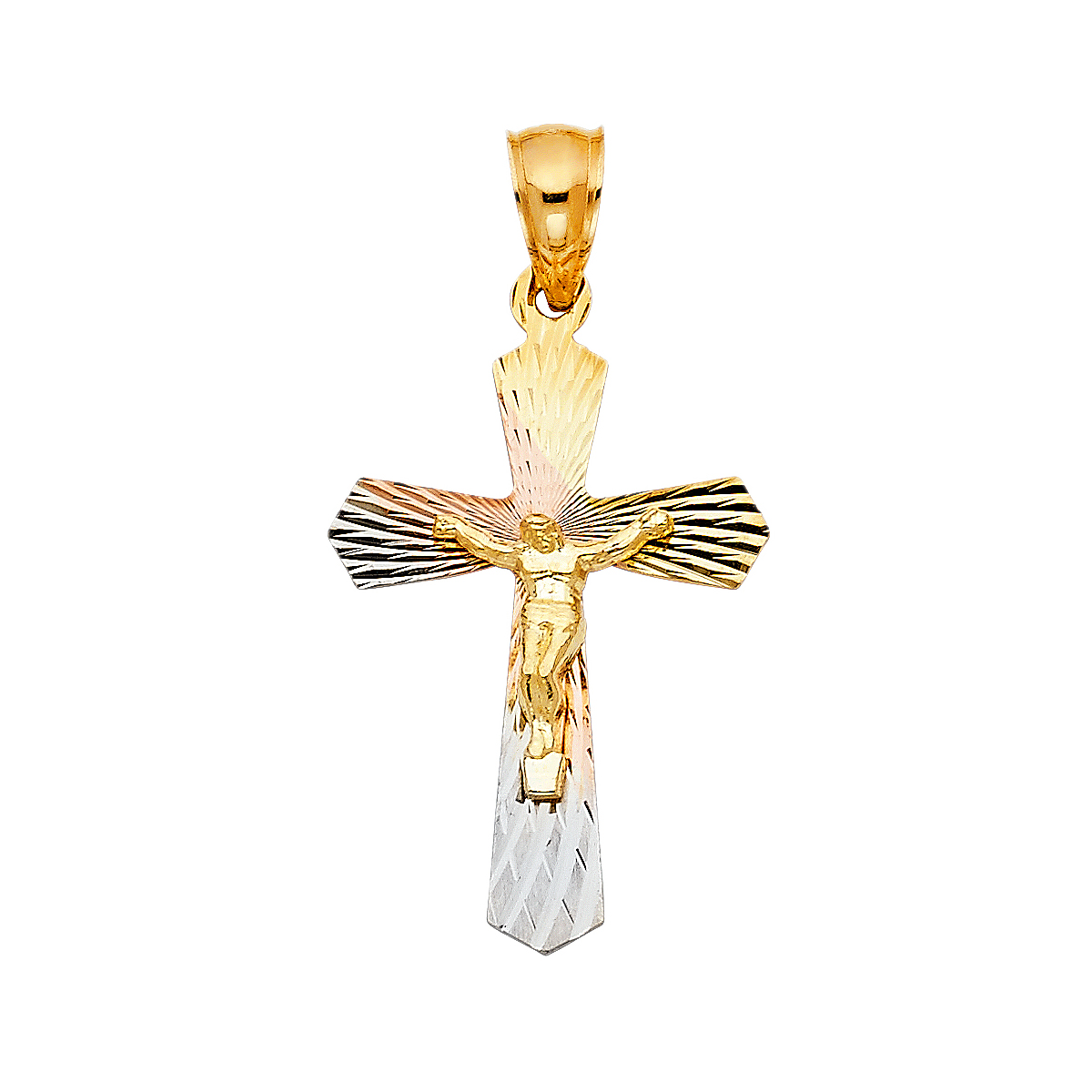 14K Tri Color Yellow Rose White Gold Religious Crucifix Stamp Pendant - 30 mm x 21 mm