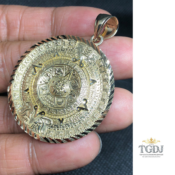 14k Solid Yellow Gold Aztec Calendar Pendant 40MM