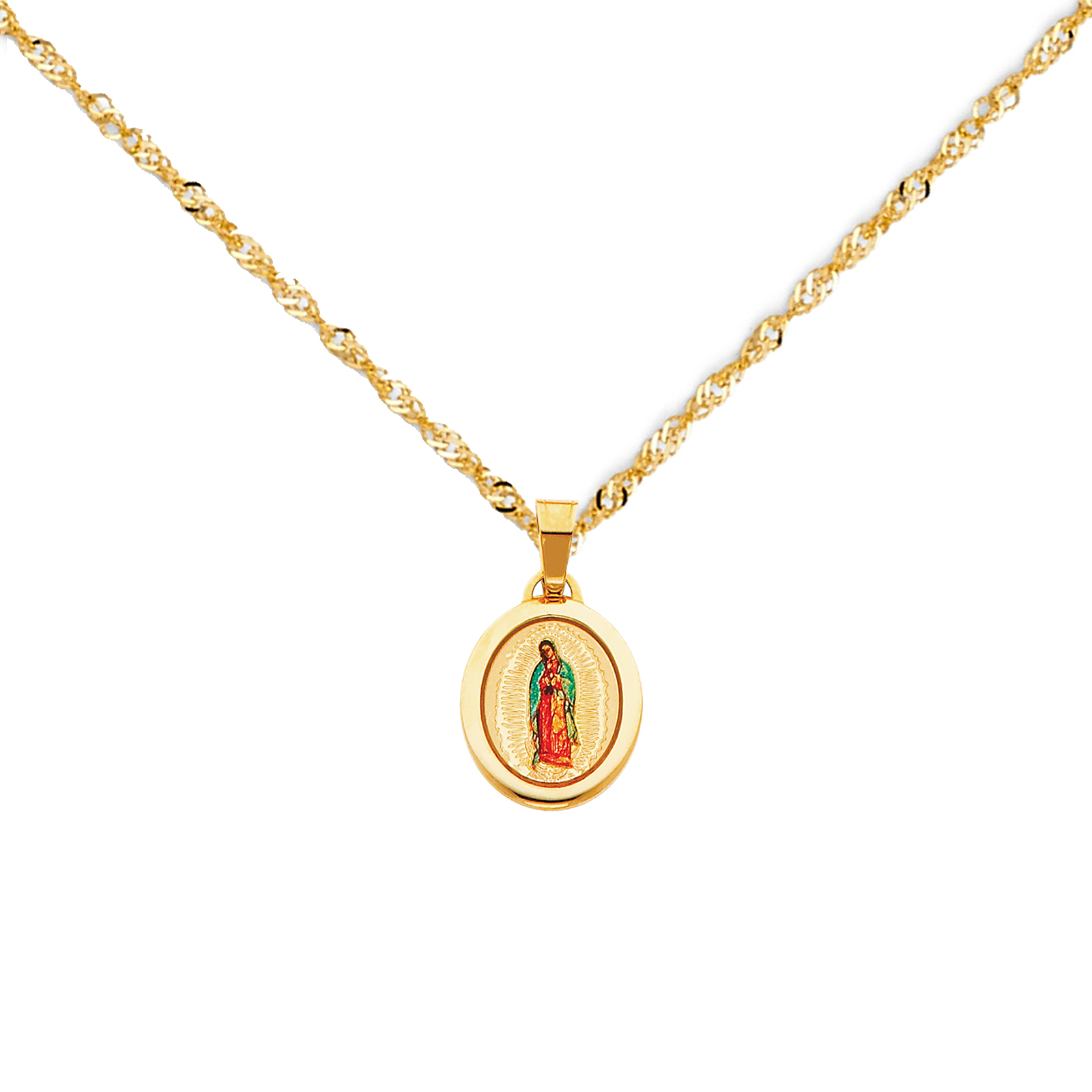 14K Yellow Gold Our Lady of Guadalupe Enamel Picture Charm Pendant with 0.9mm Singapore Chain - 22''