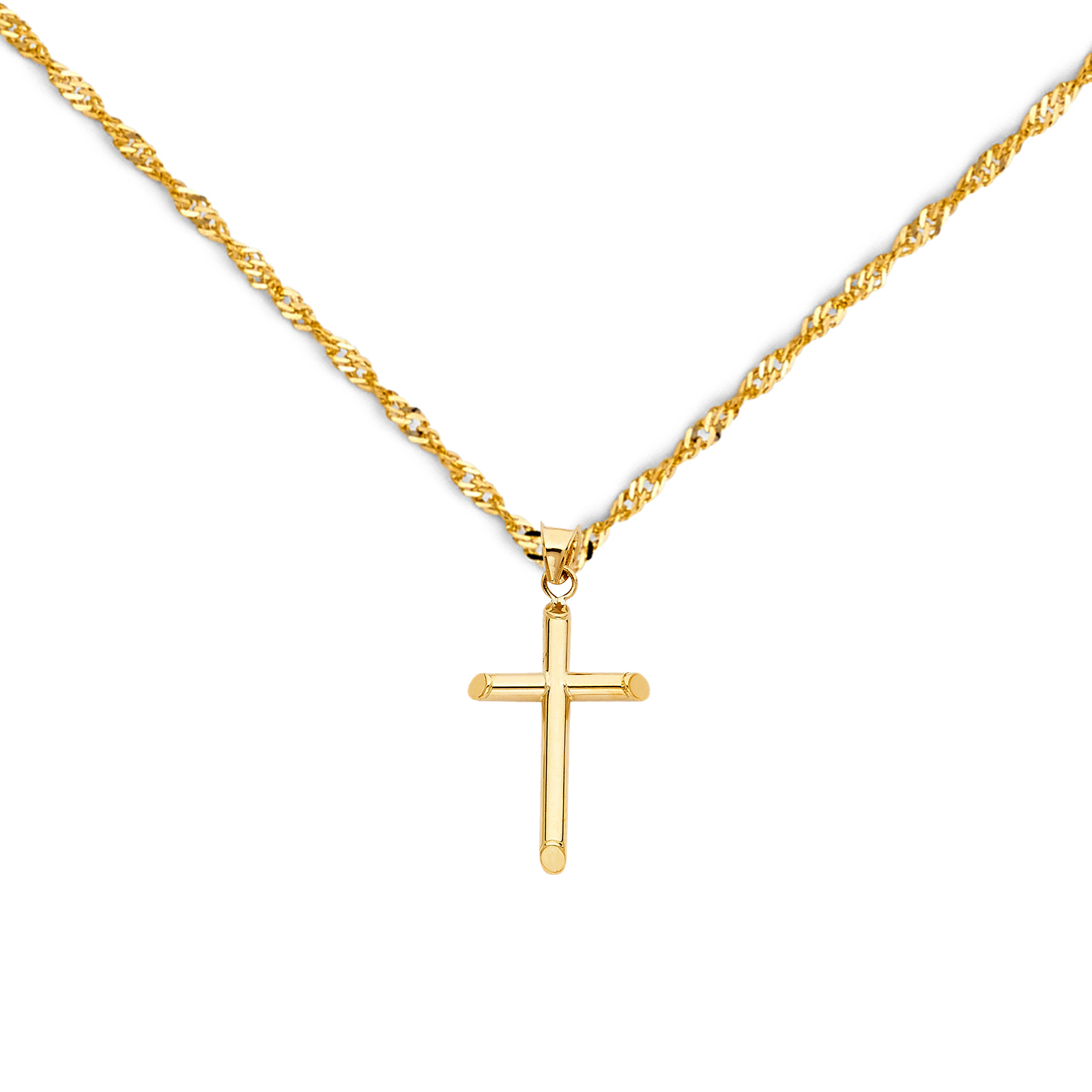 14K Yellow Gold Classic Cross Pendant with 1.2mm Singapore Chain - 24"