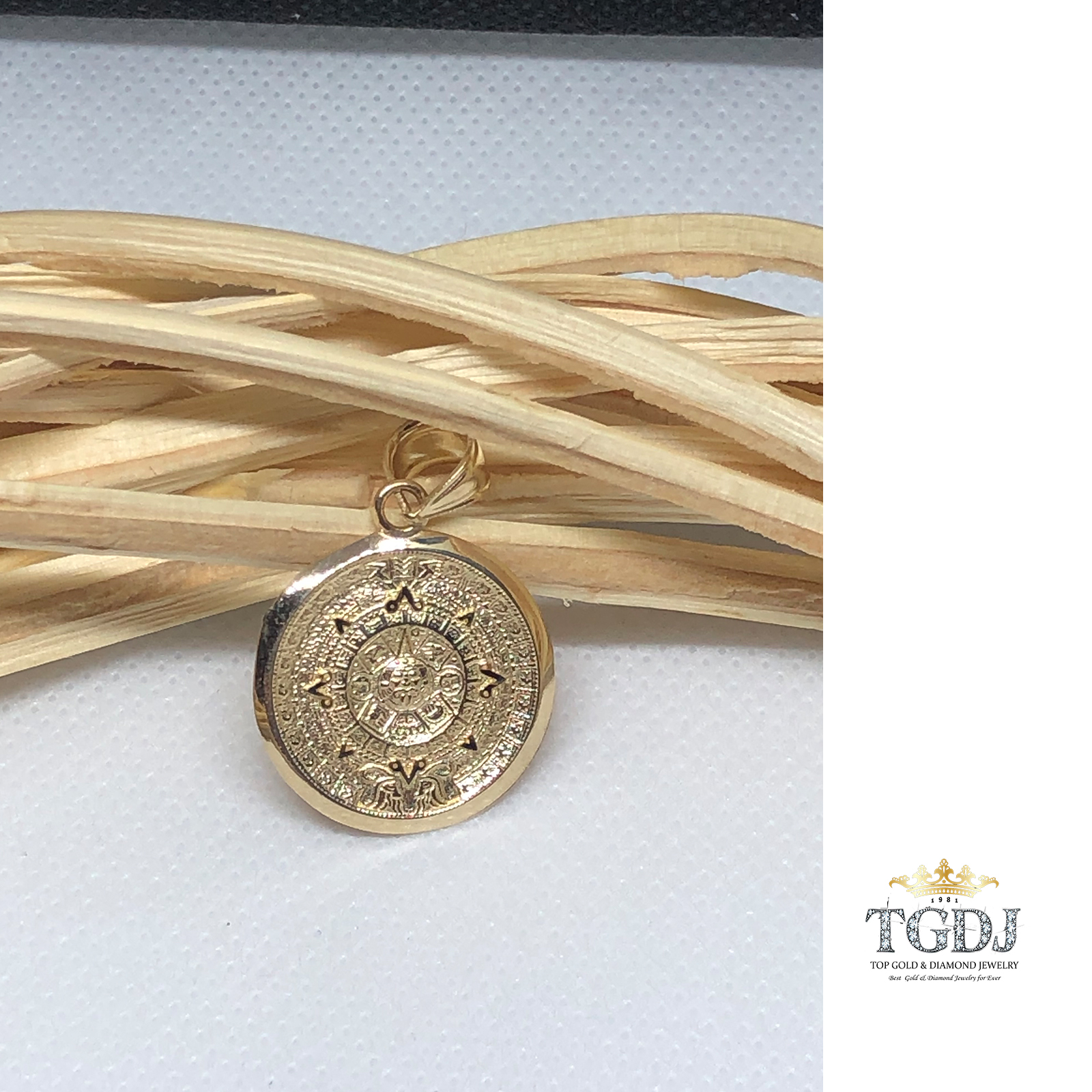 Gold Aztec Charm Mayan Calendar Pendant, 0.8" Diameter
