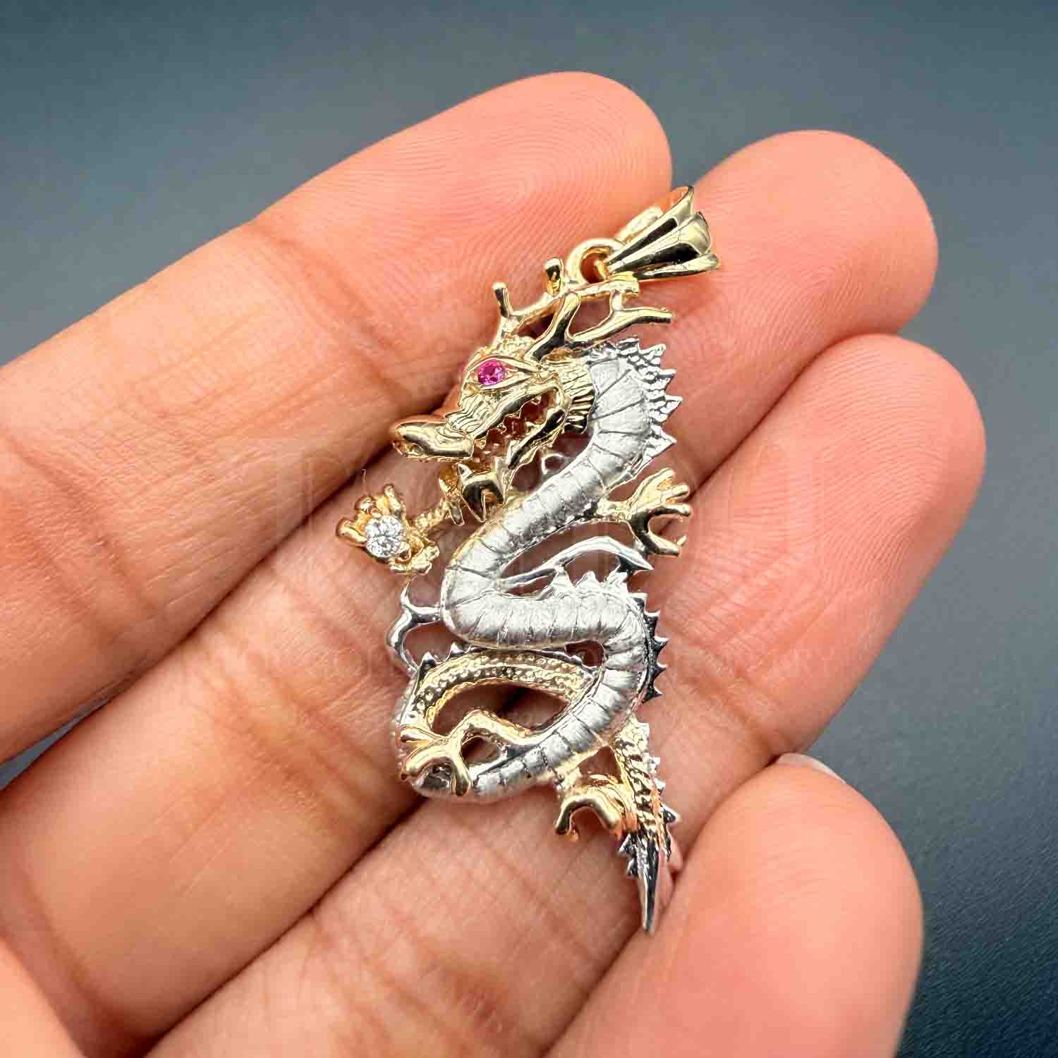 14K Two Tone Gold cubic zirconia Dragon Pendant