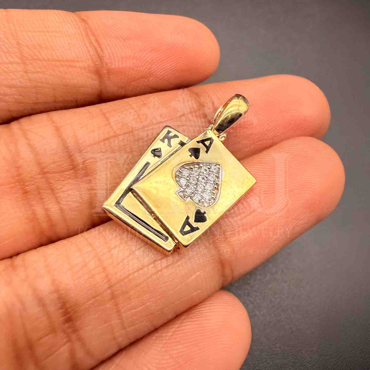 14K Yellow Gold cubic zirconia Spade A & K Card Pendant