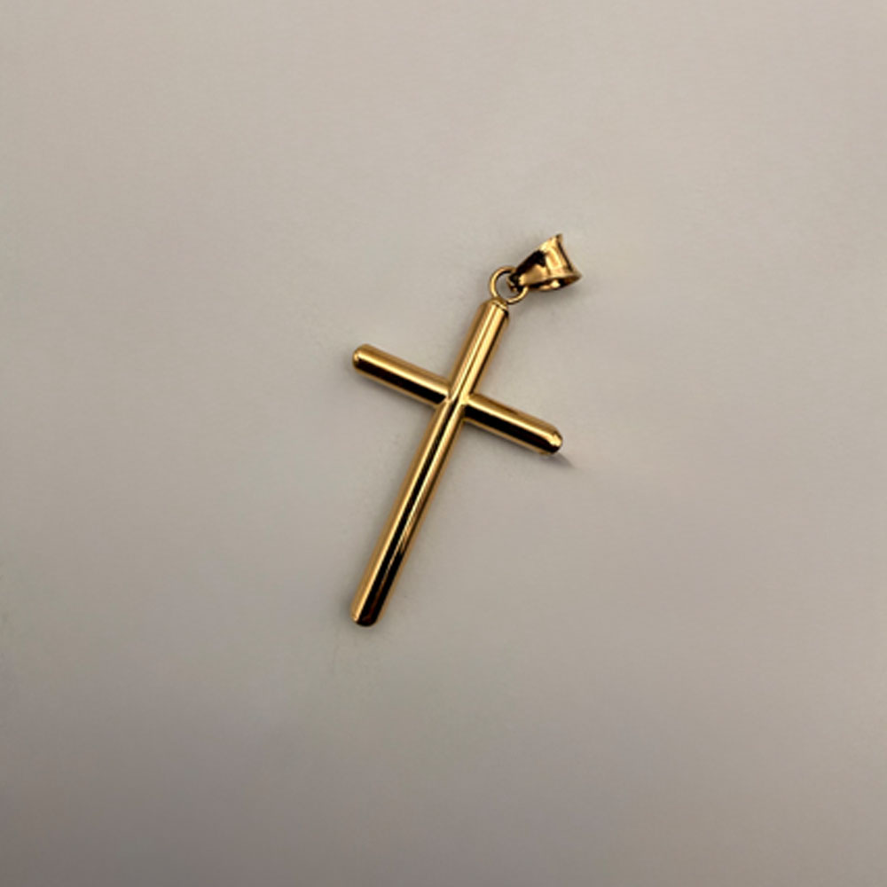 14K Yellow Gold Hollow Round Tube Cross Pendant with 0.8mm Box Chain - 22 inch