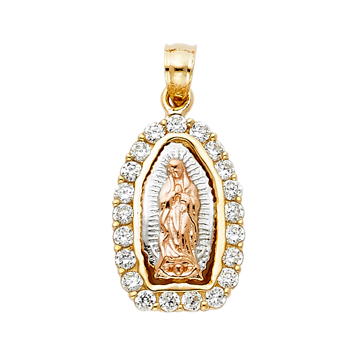 14K Tri Color Cubic Zirconia Religious Guadalupe Pendant