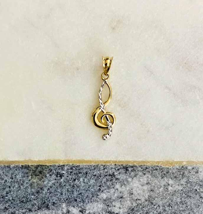 14K Two Tone Gold Diamond Cut Music Note Pendant