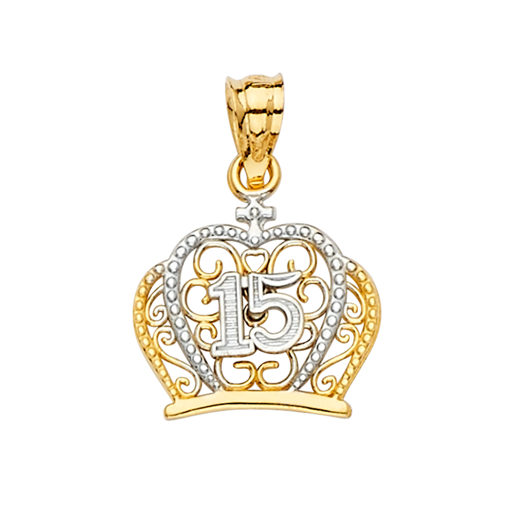 14K Two Tone Gold Sweet 15 Years Quinceañera Crown Pendant