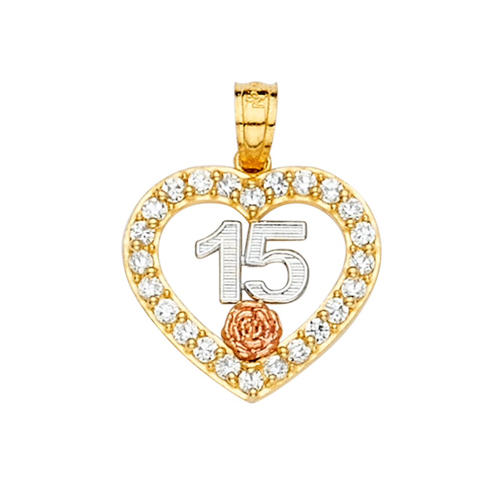 14K Tri Color Gold cubic zirconia Sweet 15 Quinceañera Crown Pendant