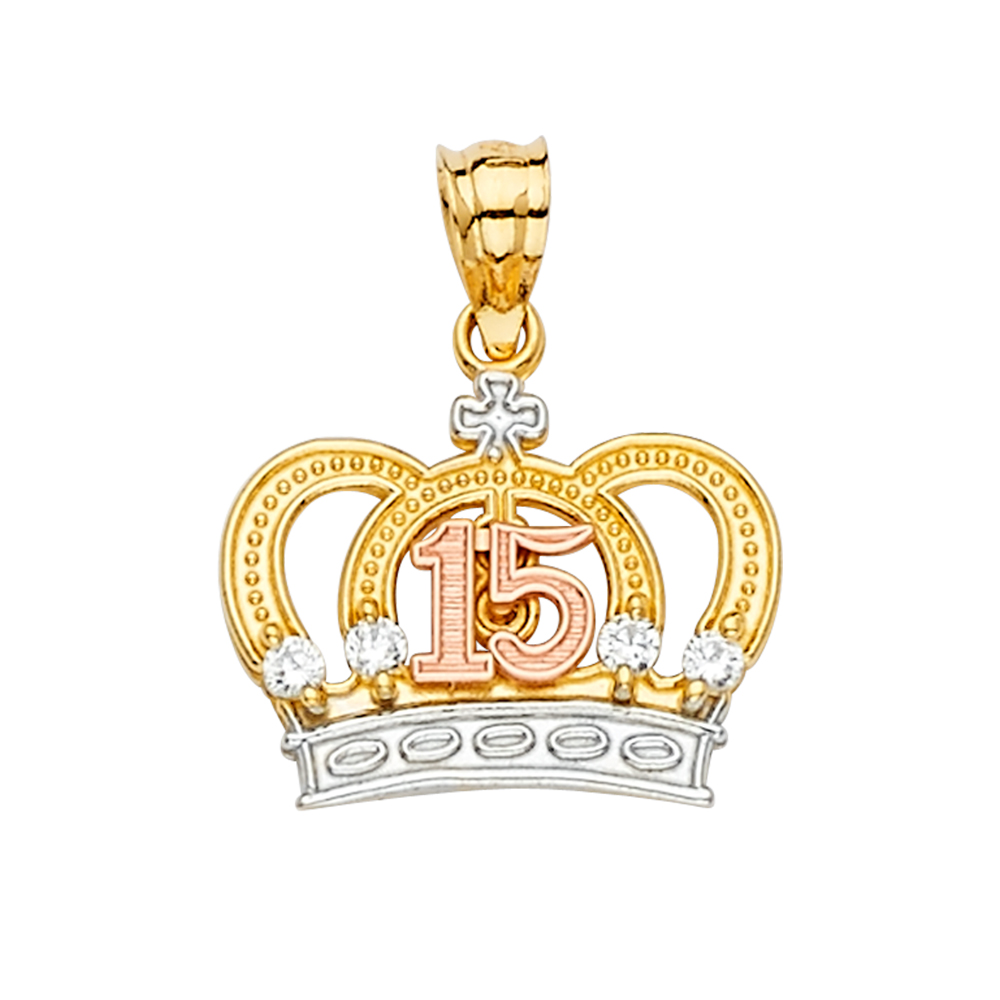 14K Tri Color Gold Sweet 15 Quinceañera Crown Pendant