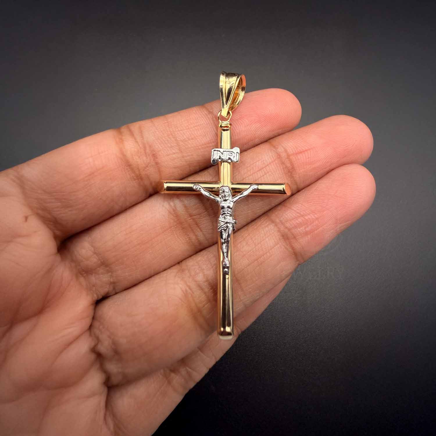 14K Two Tone Gold Hollow Crucifix Pendant Large Cross 50mm Lightweight Religious Jewelry