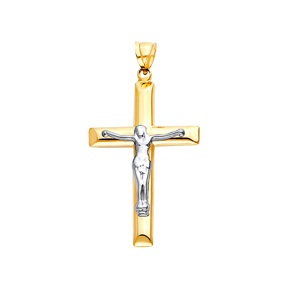 14K Two Tone Gold Hollow Cross with Jesus Pendant