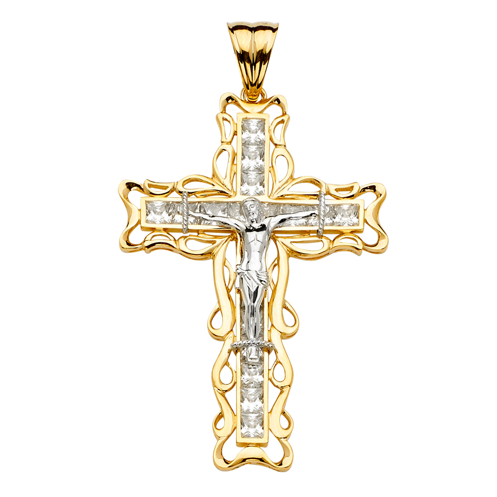 14K Two Tone Gold Cubic zirconia Crucufix Cross Pendant