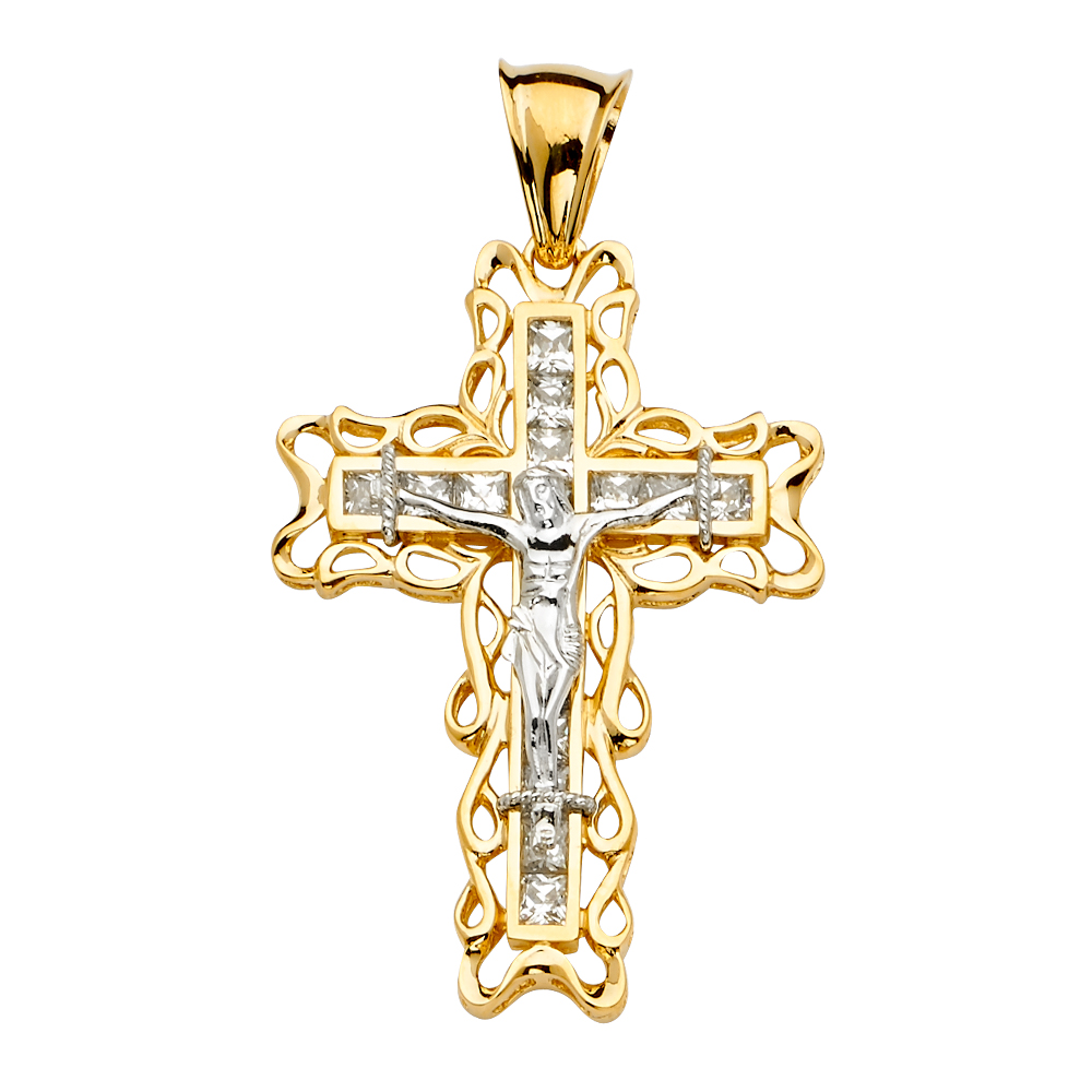 14K Two Tone Gold Cubic zirconia Crucufix Cross Pendant