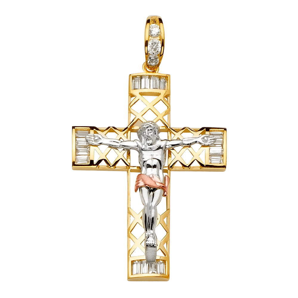 14K  Tri Color Gold Cubic zirconia  Crucufix Cross Pendant