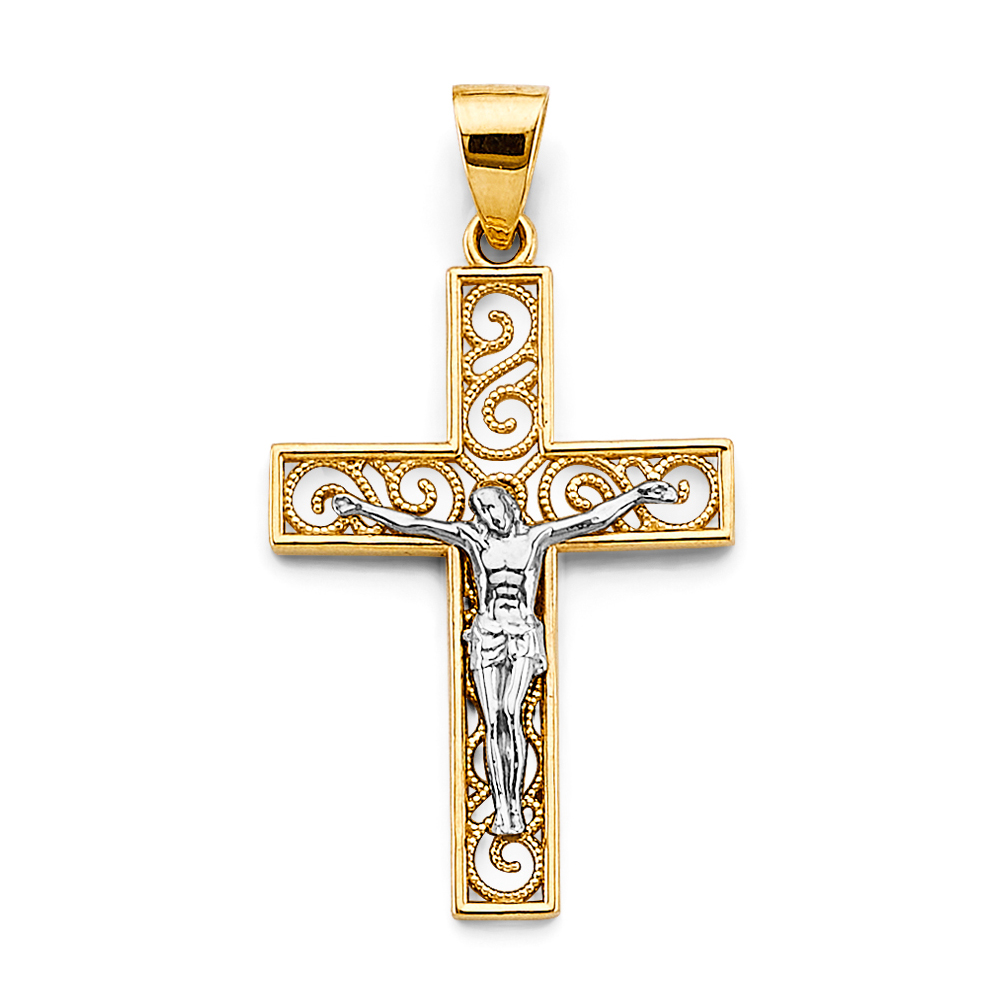14K Two Tone Gold Crucufix Cross Pendant