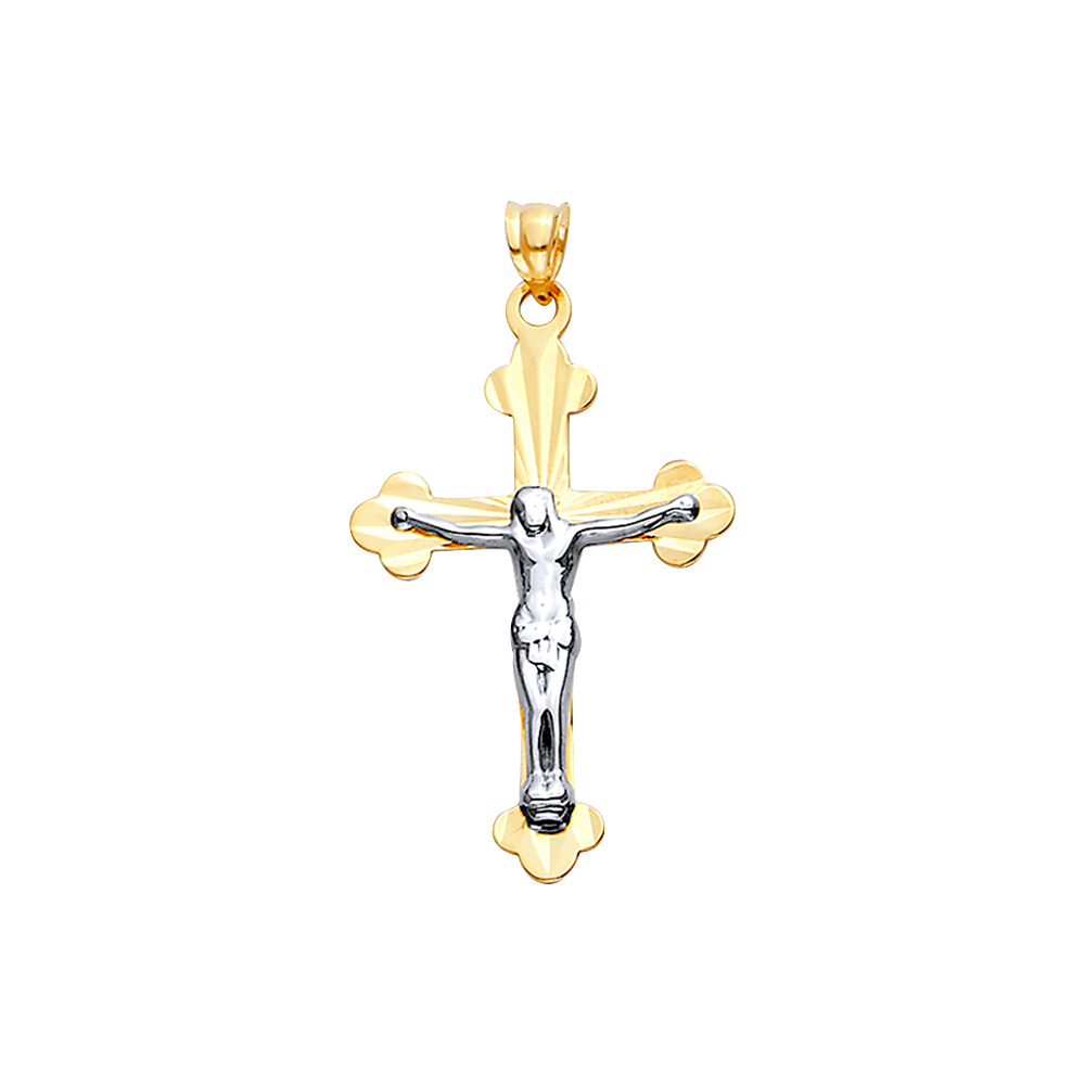 14K Two Tone Gold Diamond Cut  Cross with Jesus Pendant
