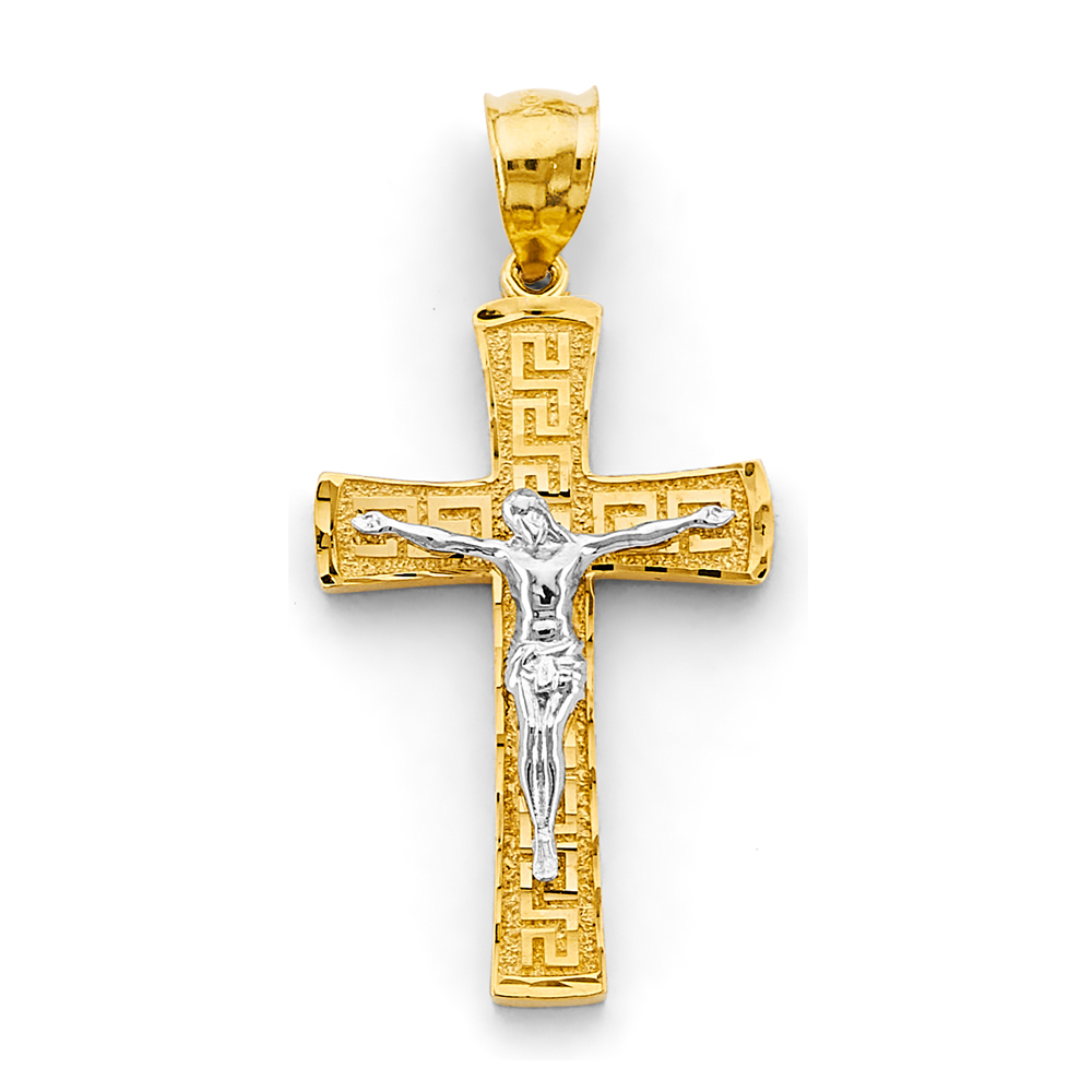 14K Two Tone Gold Greek Crucufix Cross Pendant