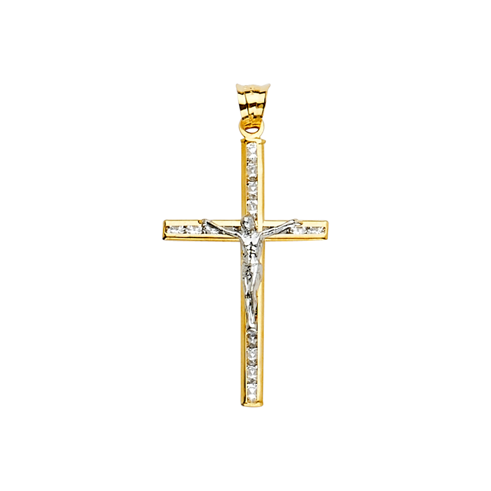 14K Two Tone Cubic zirconia Crucufix Cross Pendant