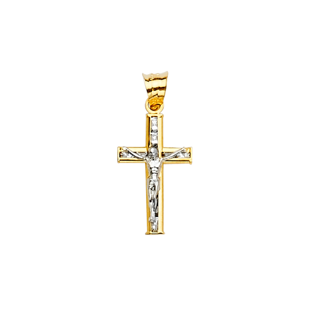 14K Two Tone Cubic zirconia Crucufix Cross Pendant