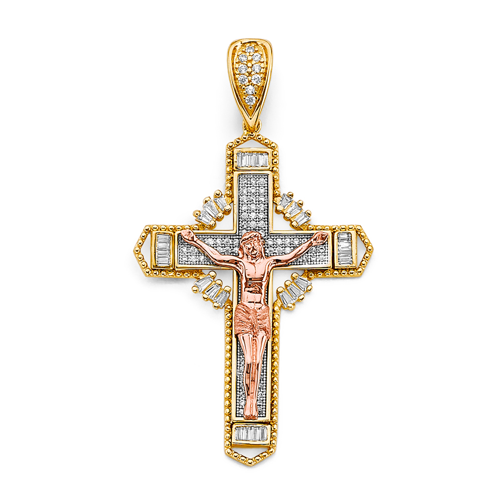 14K Tri Color Gold Cubic zirconia Crucufix Cross Pendant