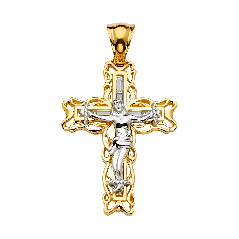 14K Two Tone Cubic zirconia Crucufix Cross Pendant