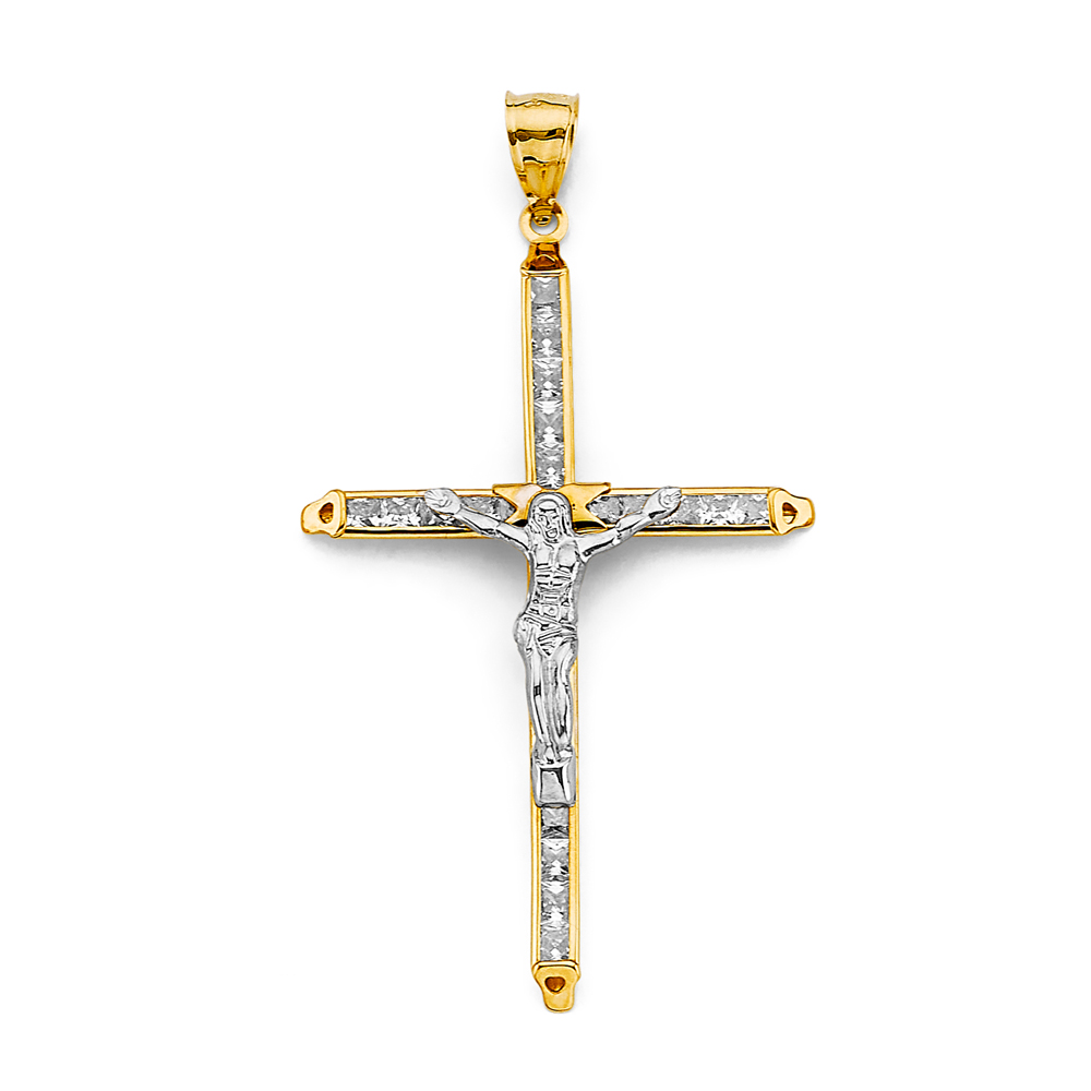 14K Two Tone Cubic zirconia Crucufix Cross Pendant