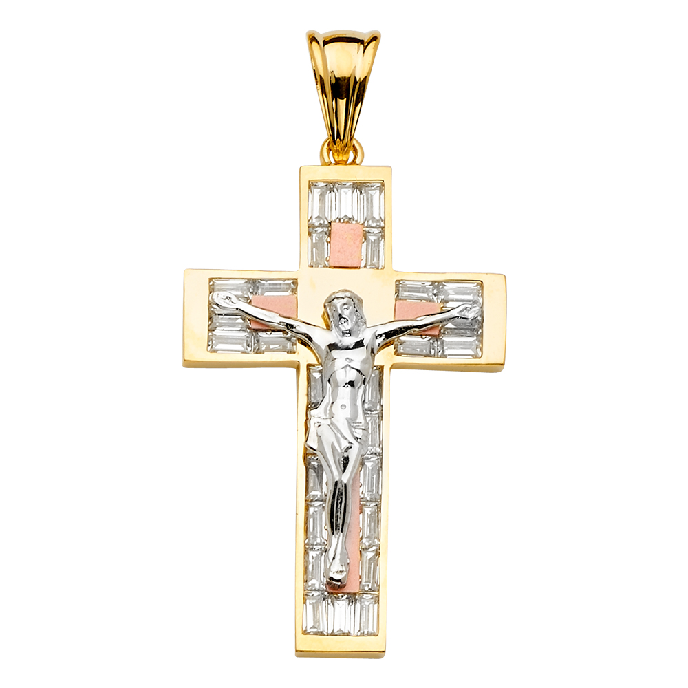 14K Tri Color Gold Cubic zirconia Crucufix Cross Pendant