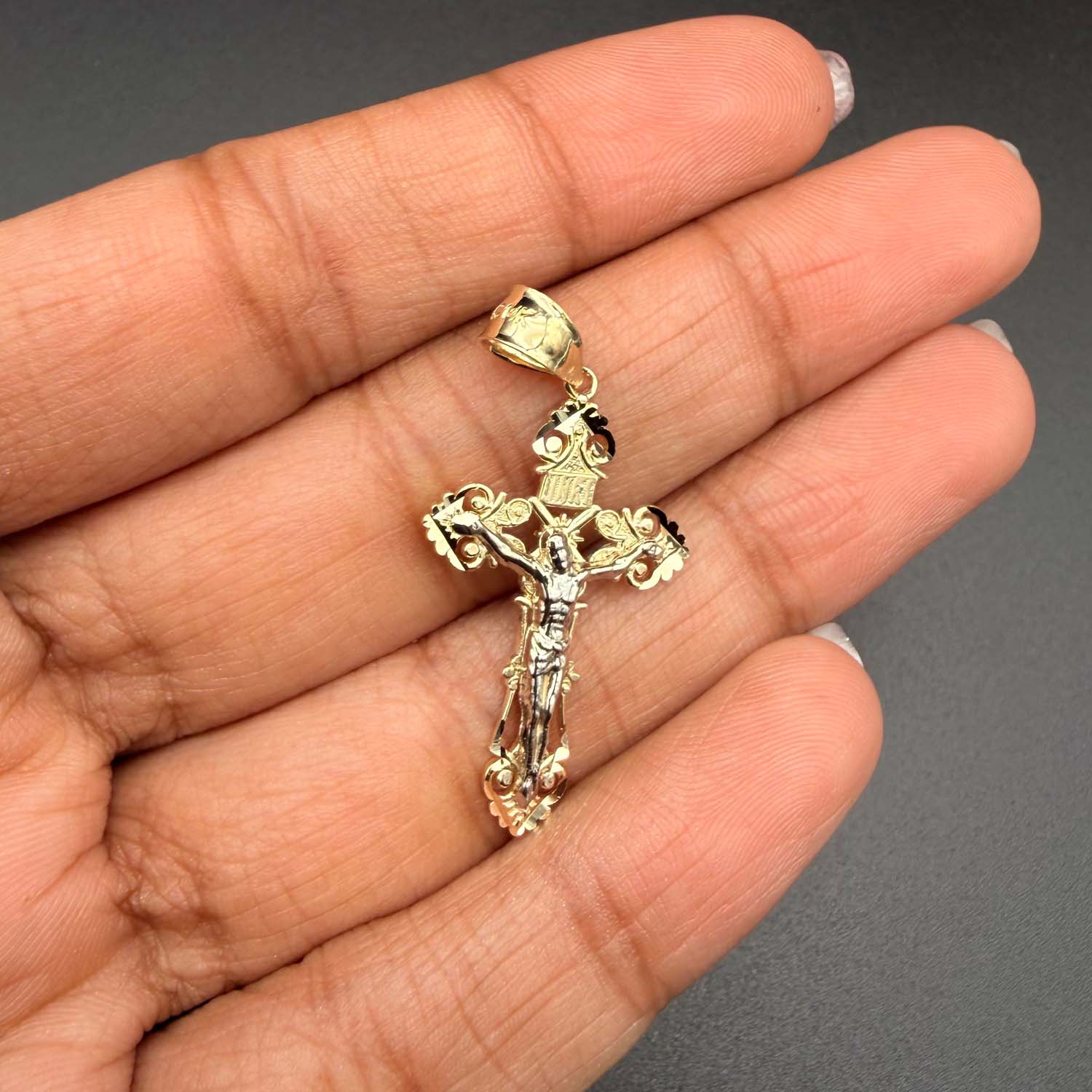 14K Two Tone Gold Crucufix Cross Pendant