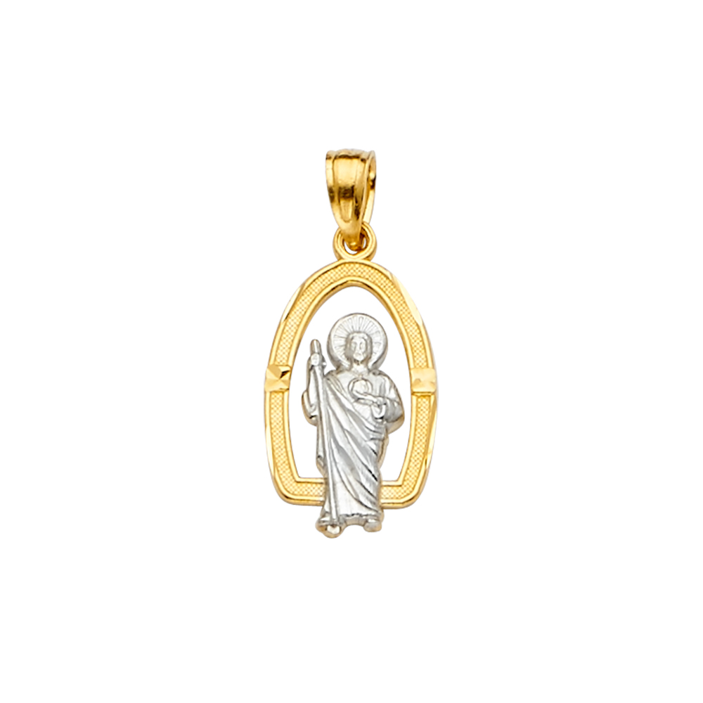 14K Two Tone Yellow White Gold San Judas Pendant - 20 mm X 10 mm