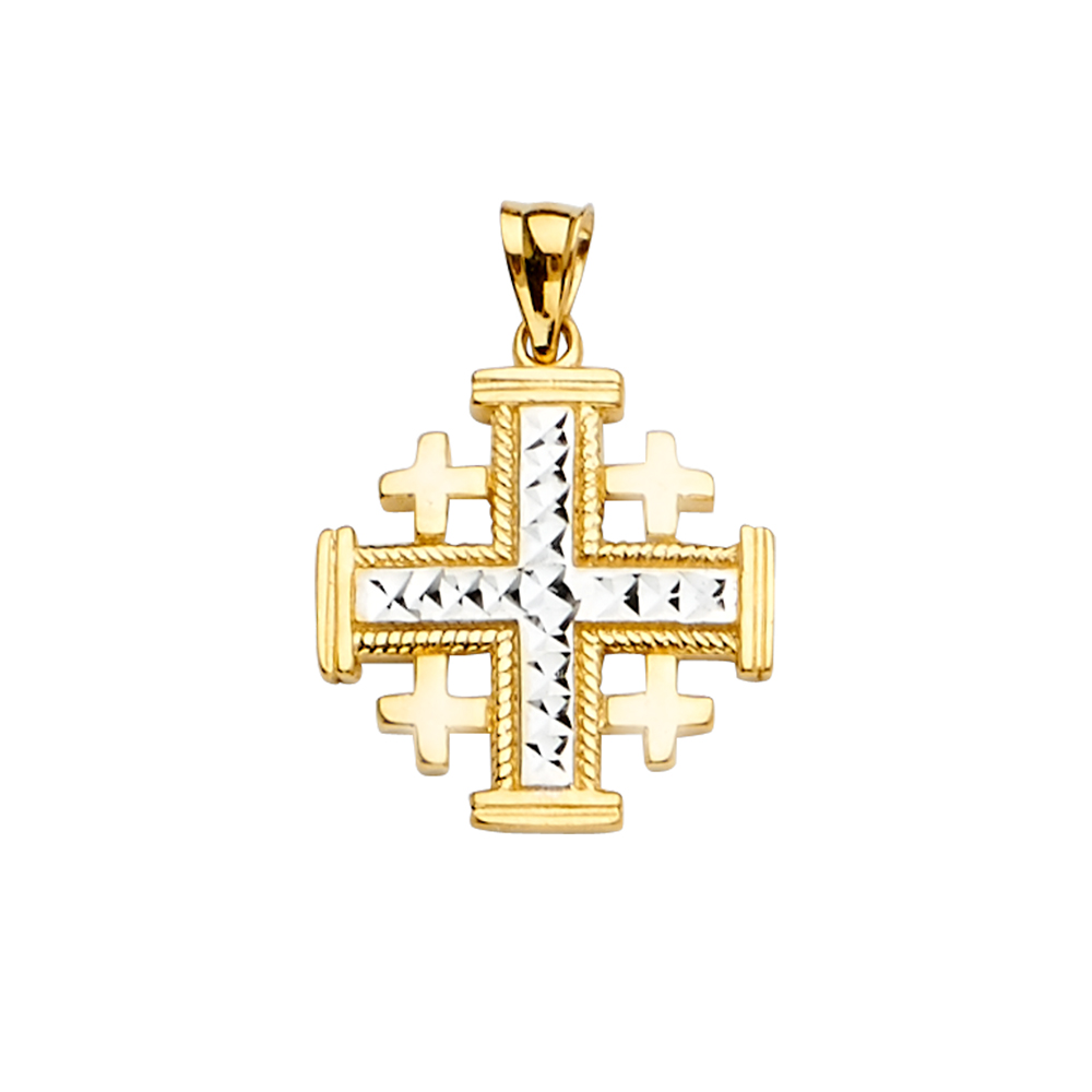 14K Two Tone Gold JerusalEmerald Cross Pendant
