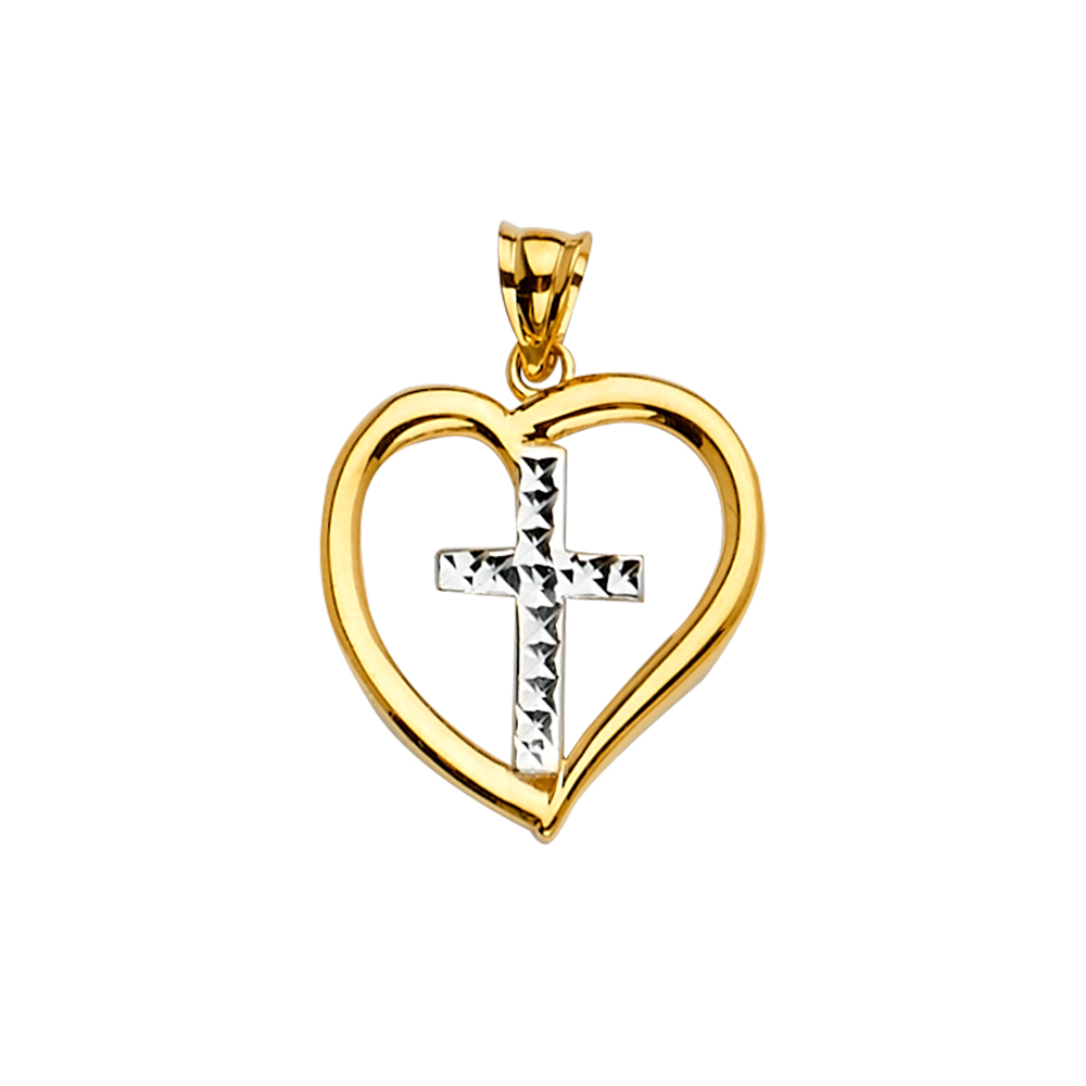 14K Two Tone Gold Heart Pendant with Cross Pendant