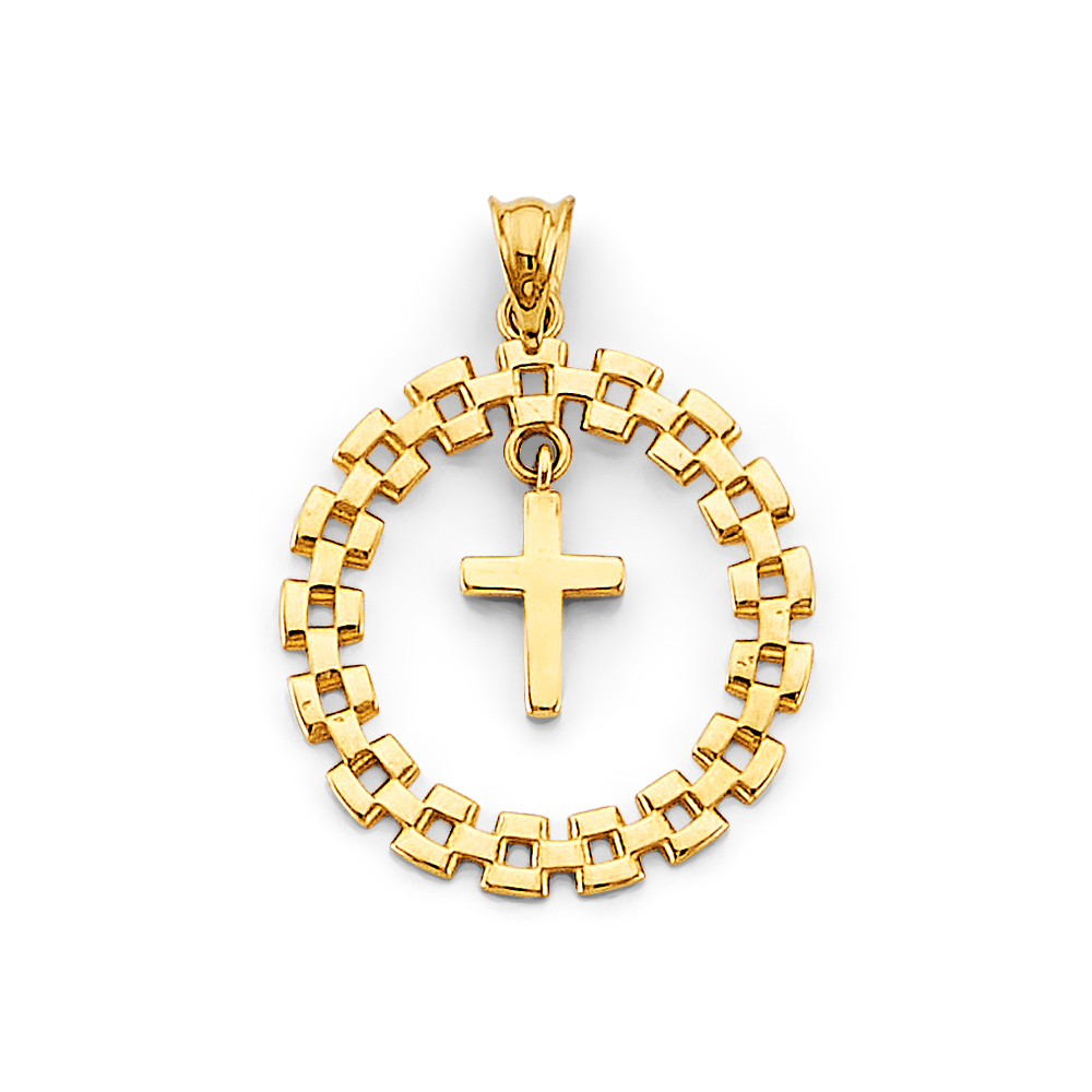14K Yellow Gold Round Link with Cross Pendant