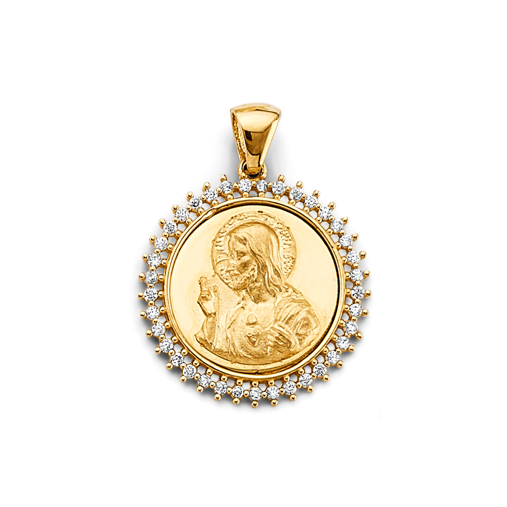 14K  Yellow Gold Cubic zirconia Round Jesus Christ Pendant