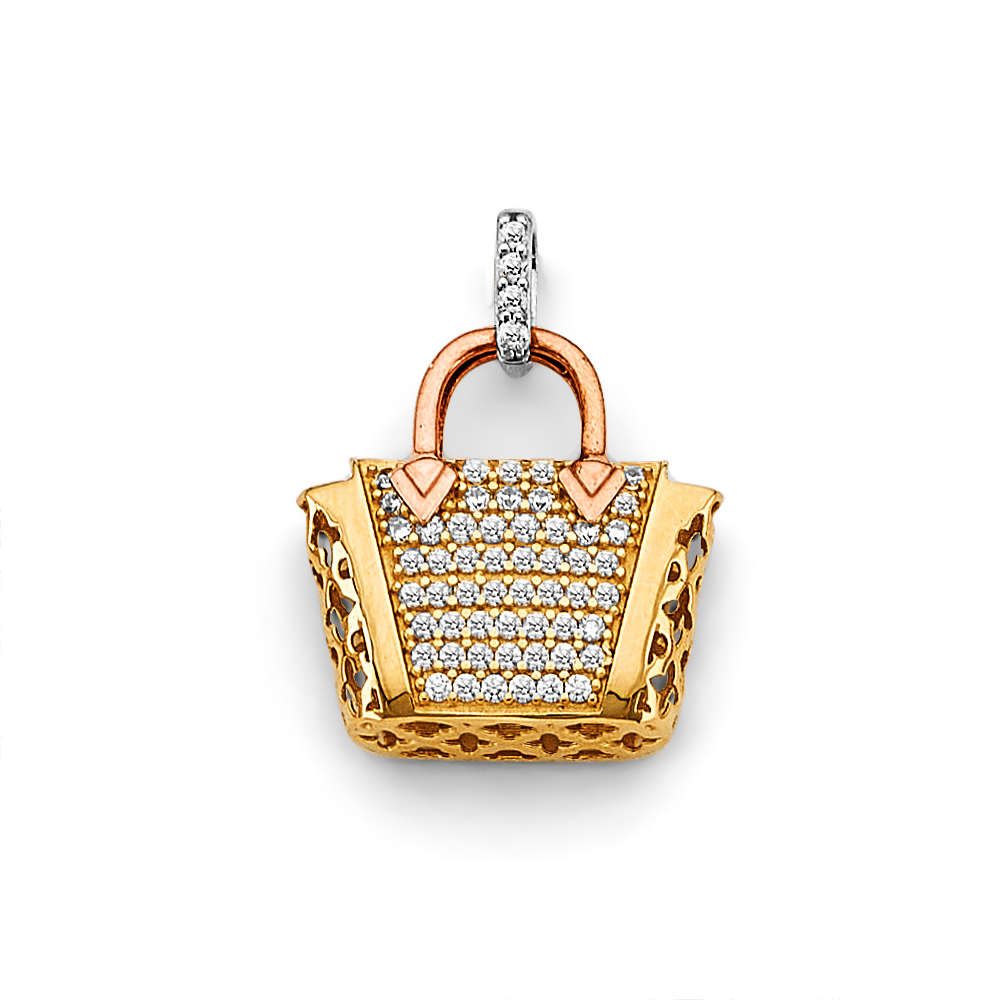14K   Tri Color Gold Cubic zirconia Purse Charm Pendant