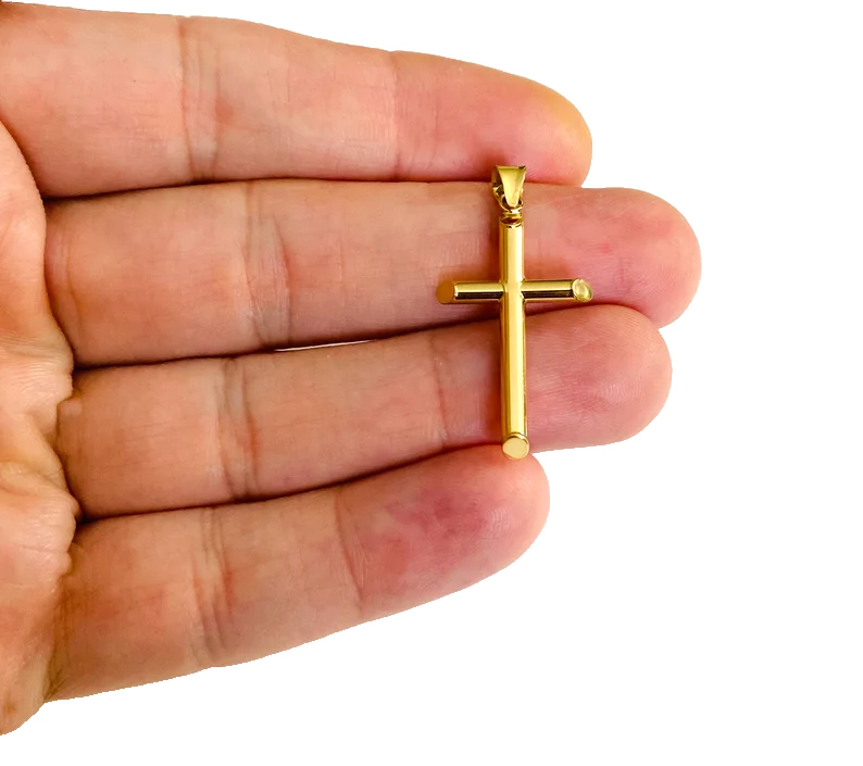 14K Yellow Gold Hollow Round Tube Cross