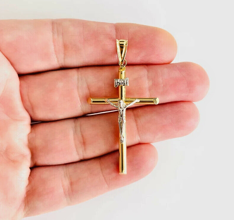 14K Two Tone Gold  Hollow Round Tube Crucufix