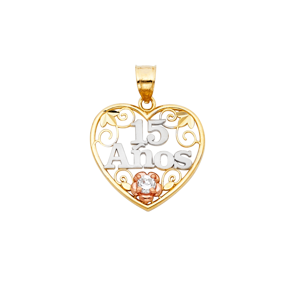 14K Tri Color Gold 15 Years Heart Pendant with 14K Tri Color Gold 1.5mm Valentono Chain -18 Inch