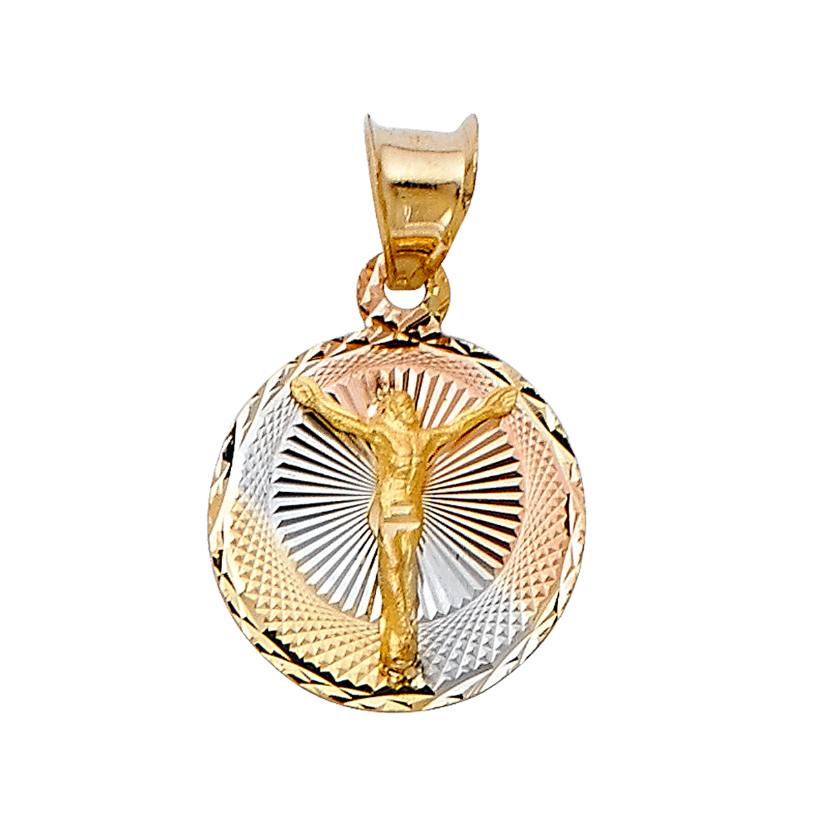 14K Tri Color Yellow Rose White Gold Diamond cut Jesus Stamp Religious Pendant - 15mm x 12mm