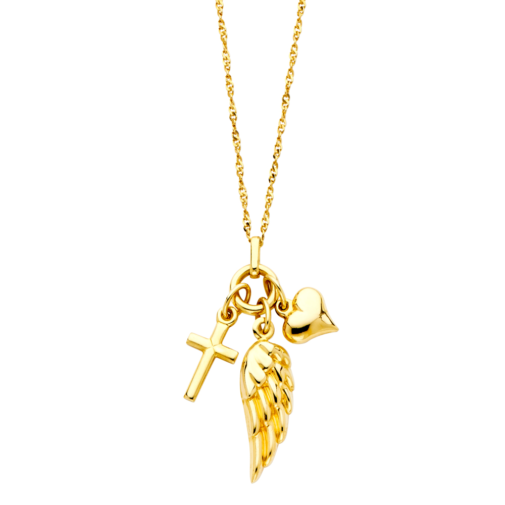 14K Yellow Gold Cross+Heart+Wing Necklace - 17+1"