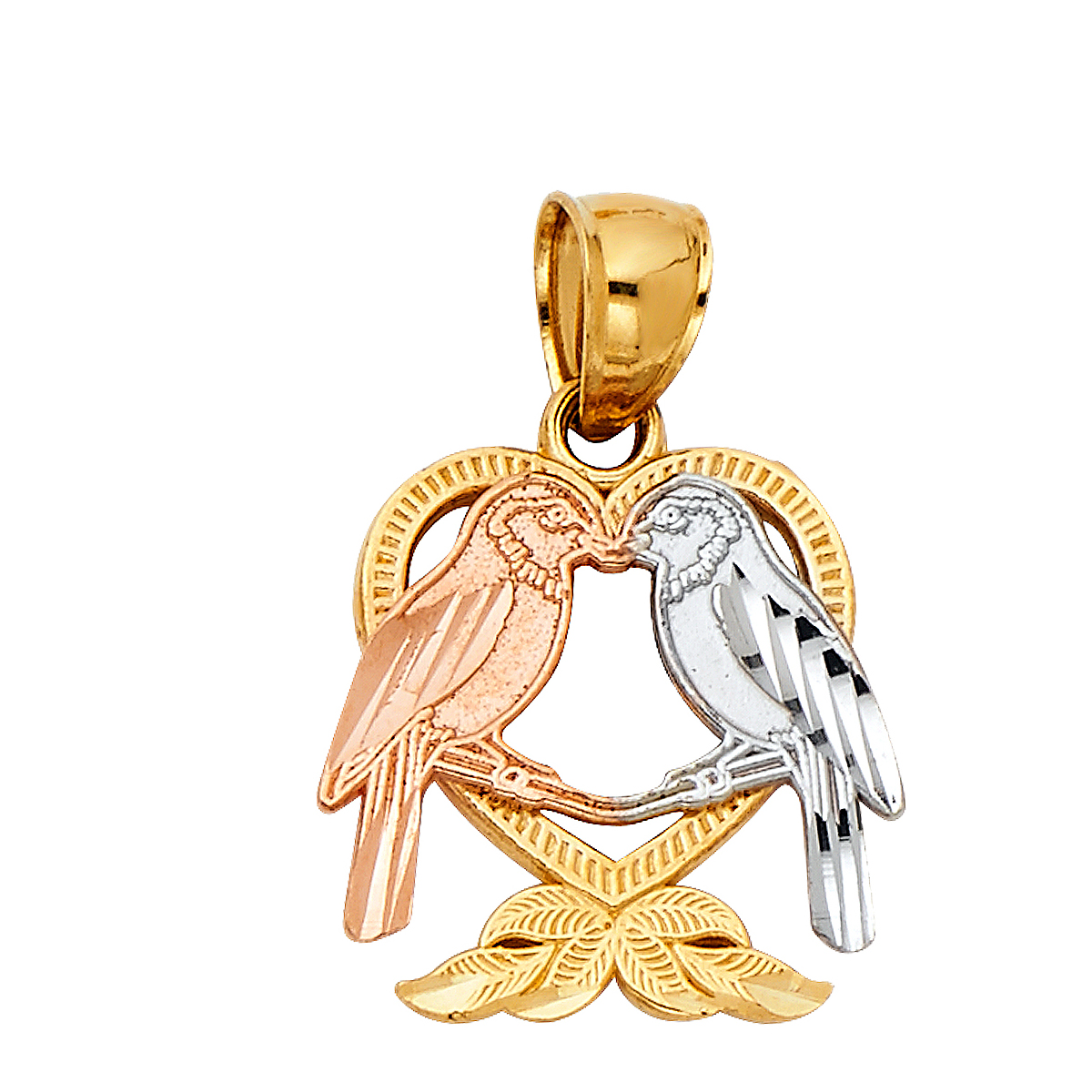 14K Tri Color Gold Heart with Bird Pendant